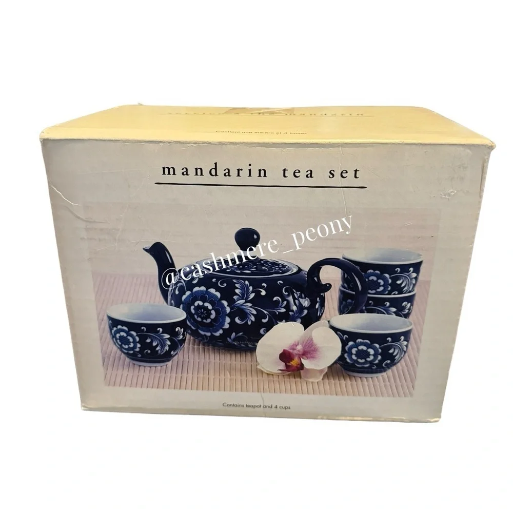 NIB Pier 1‎ Vintage Mandarin Porcelain Cobalt Blue Tea Set-Teapot and 4 Cups